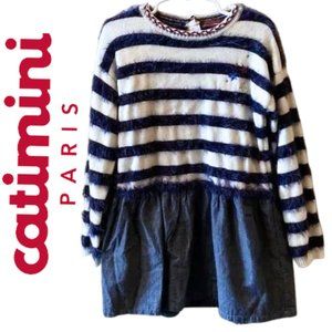 Catamini Paris Blue and White Striped Wool Blend Dress